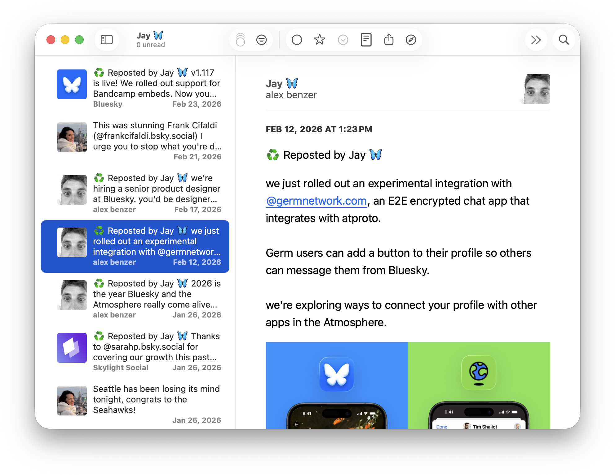 Screenshot of a Bluesky post in a desktop RSS reader